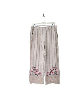 Coldwater Creek Linen Cropped Pants With Crochet Hem & Floral Embroidery Striped